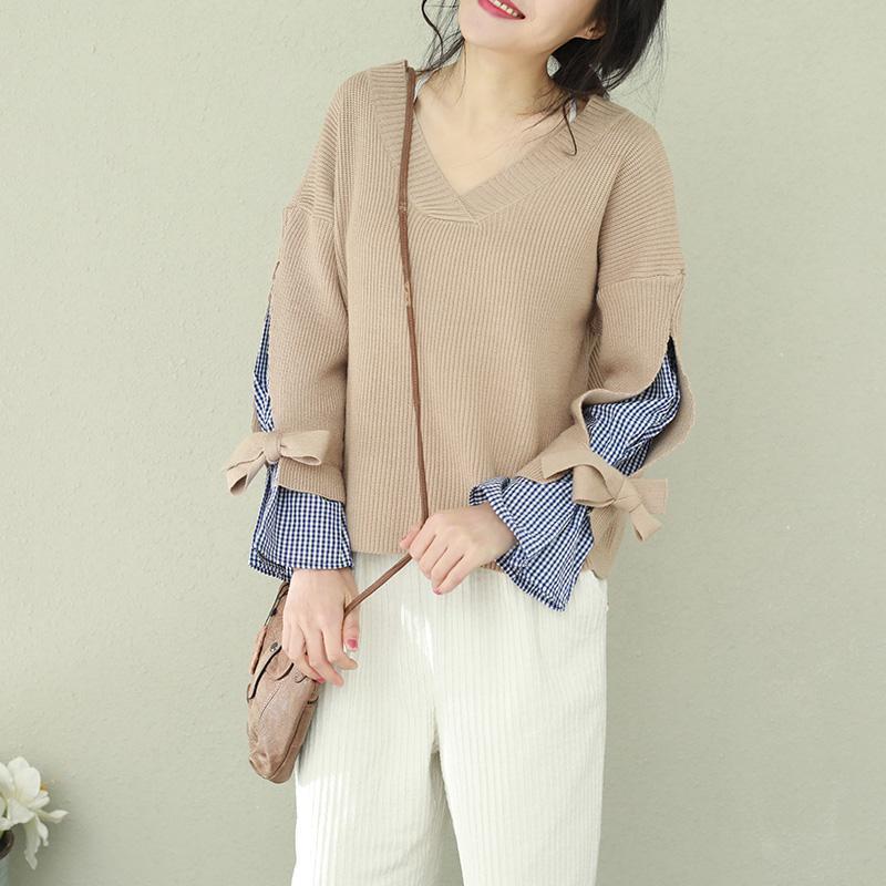 Winter Brown Knit Tops V Neck Knit Sweat Tops False Two Pieces
