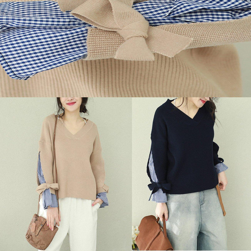 Winter Brown Knit Tops V Neck Knit Sweat Tops False Two Pieces