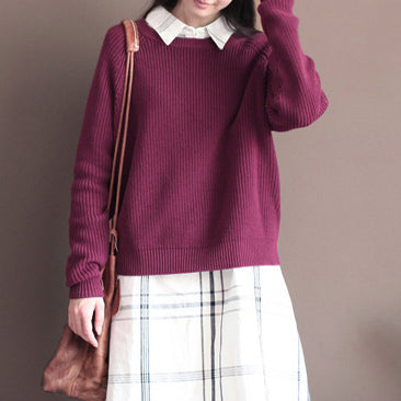 Winter Burgundy Cotton Sweater Tops Knit Blouse