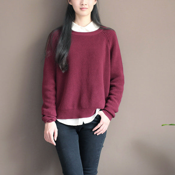 Winter Burgundy Cotton Sweater Tops Knit Blouse