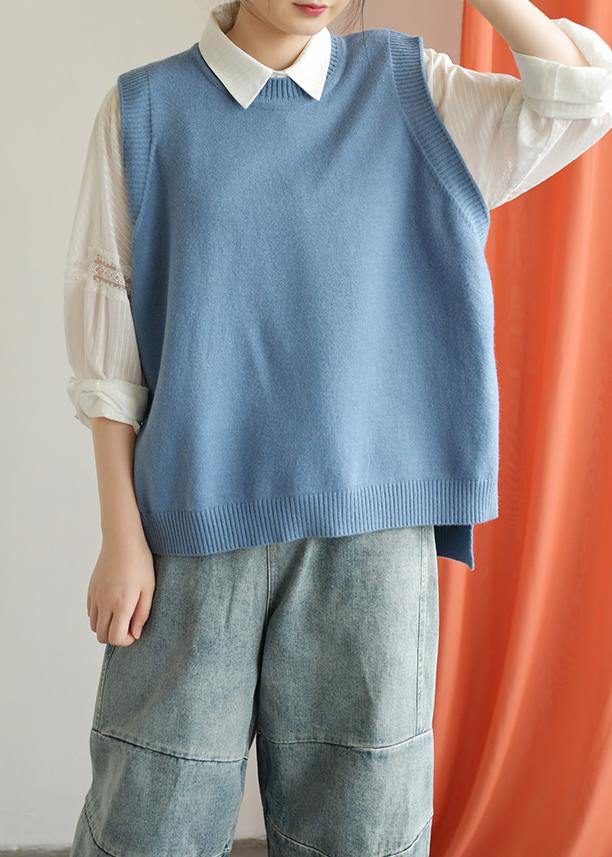 Winter O Neck Blue Knit Sweat Tops Low High Design Top Silhouette