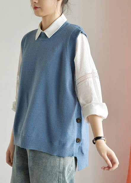 Winter O Neck Blue Knit Sweat Tops Low High Design Top Silhouette