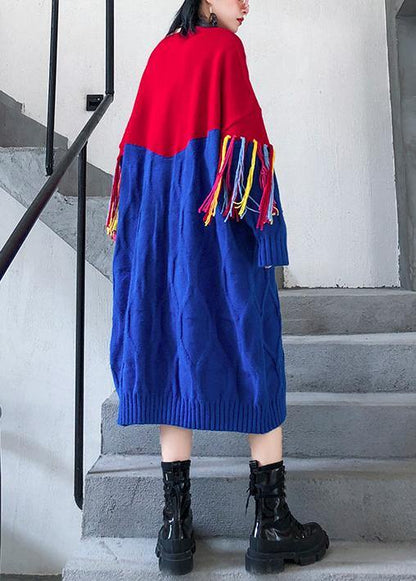 Winter O Neck Tassel Sweater Weather Blue Patchwork Red Mujer Knitwear