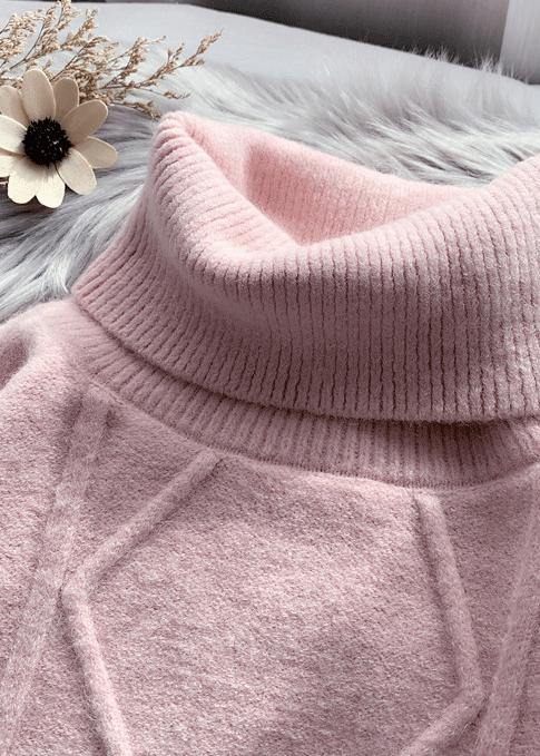 Winter Pink Sweater Dress Outfit Design High Neck Long Sleeve Fuzzy Knit Dress
