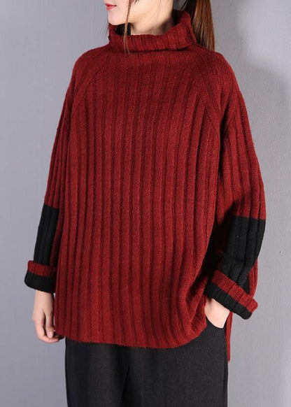 Winter Red Knitwear High Neck Baggy Sweater Tops