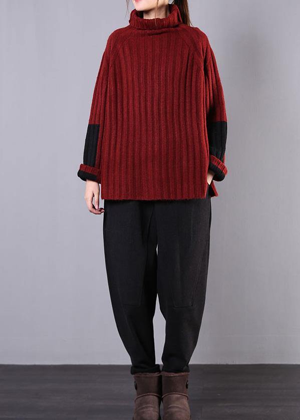 Winter Red Knitwear High Neck Baggy Sweater Tops