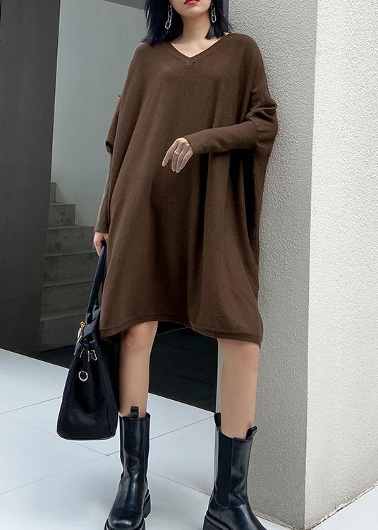 Winter V Neck Batwing Sleeve Sweater Weather Chocolate Largo Knitted Dress