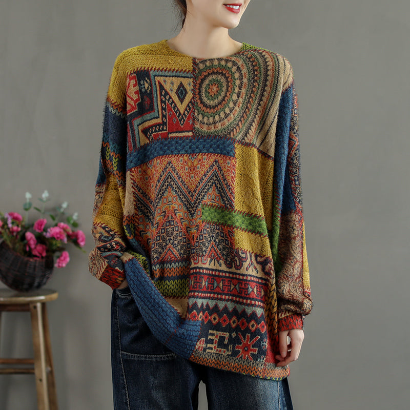 Winter Abstract Pattern Knitted Blouse O Neck Knitted T Shirt