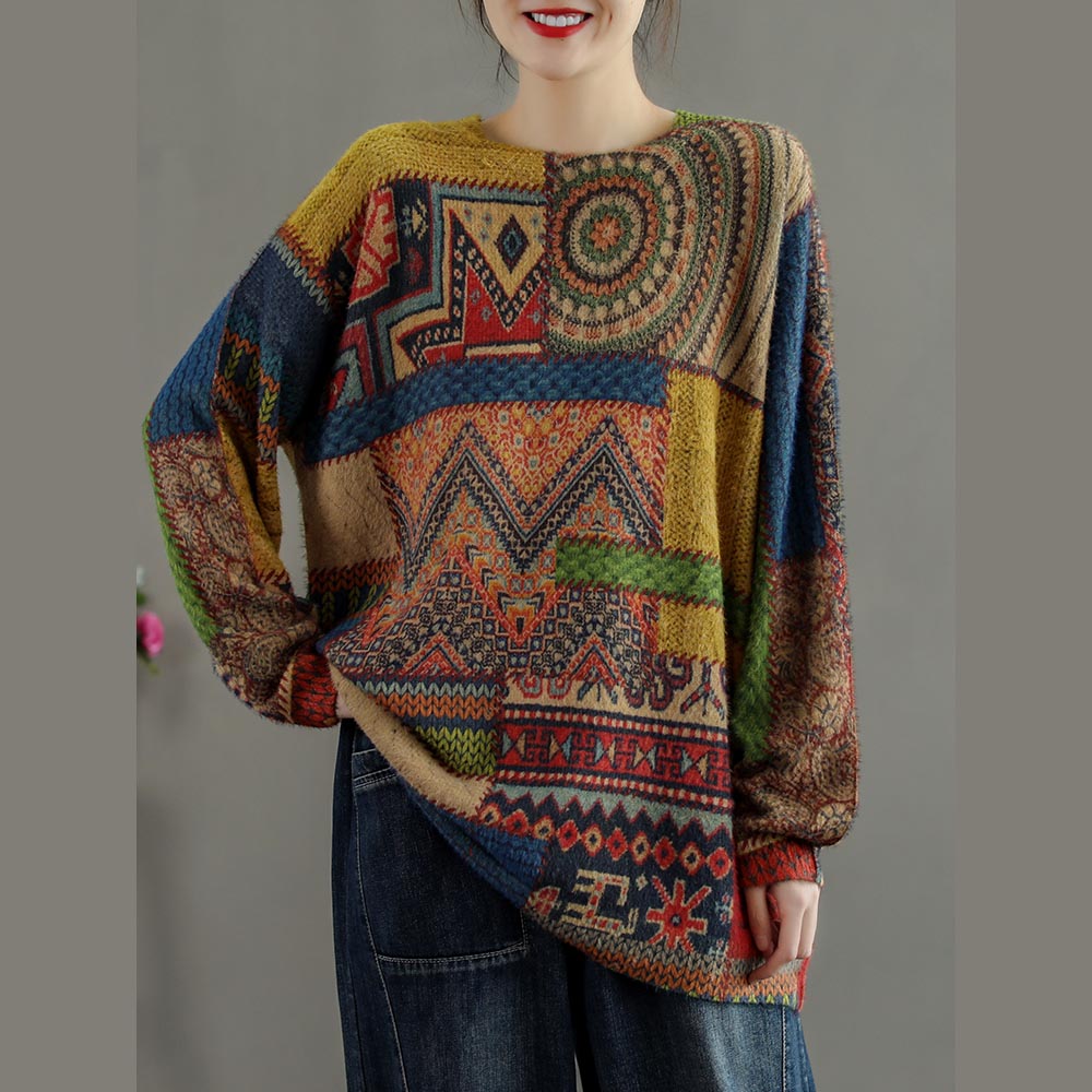 Winter Abstract Pattern Knitted Blouse O Neck Knitted T Shirt