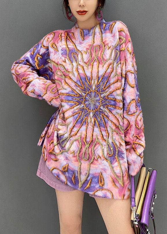 Wom Pink O-neck Print Knit Loose Sweater Tops Winter