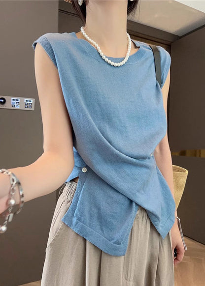 Apricot Asymmetrical Button Side Open Knit Tanks Sleeveless