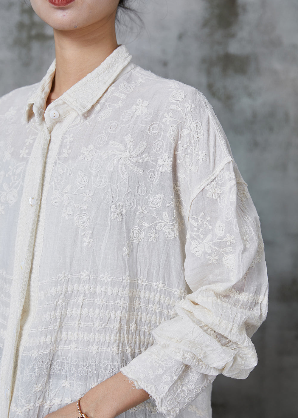 Apricot Embroidered Cotton Blouses Spring