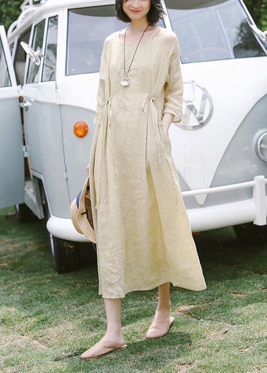 Apricot Embroidered Tie Waist Linen Dress Summer