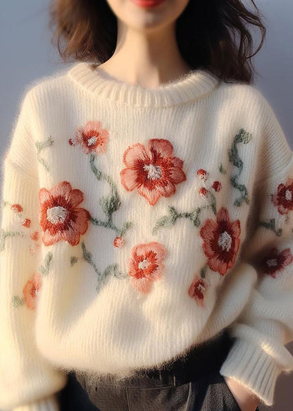 Apricot Embroidered Cozy Cotton Knit Sweater Winter