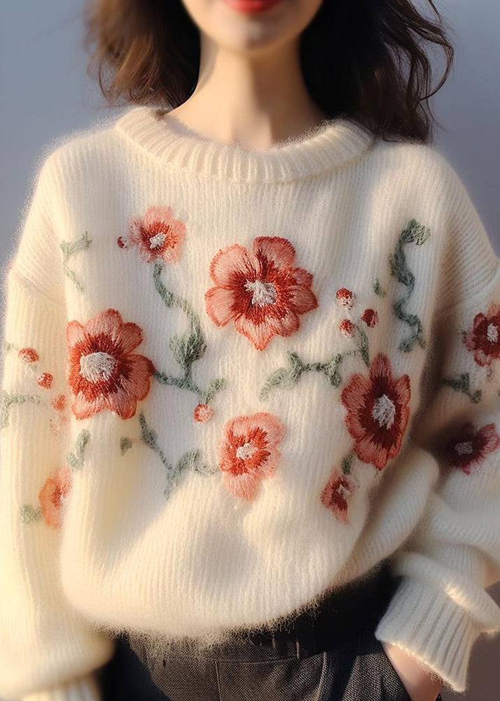 Apricot Embroidered Cozy Cotton Knit Sweater Winter