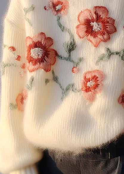 Apricot Embroidered Cozy Cotton Knit Sweater Winter