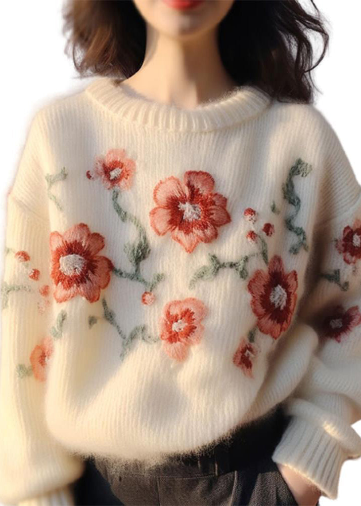 Apricot Embroidered Cozy Cotton Knit Sweater Winter