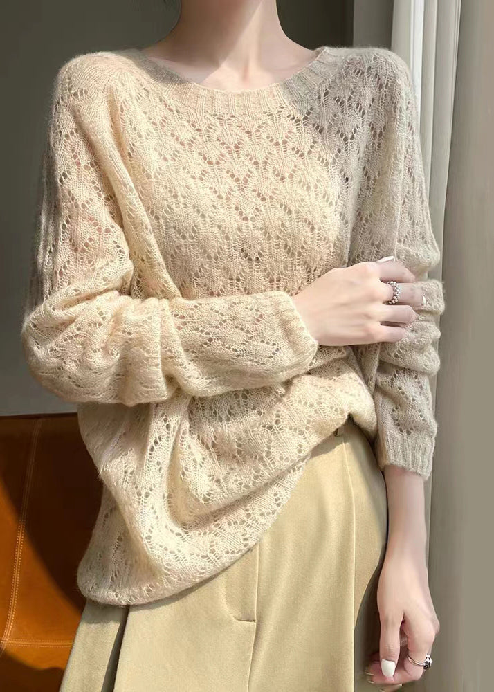 Apricot O Neck Hollow Out Patchwork Knit Top Fall