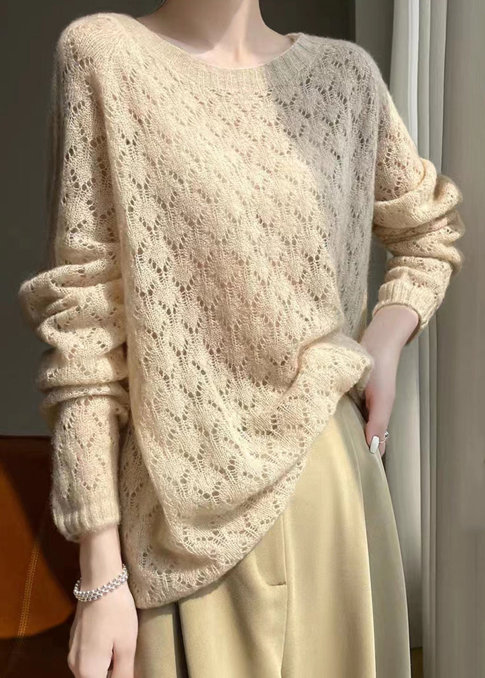 Apricot O Neck Hollow Out Patchwork Knit Top Fall