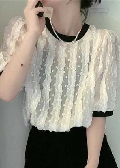 Apricot O-neck Ruffled Patchwork Chiffon Shirt Summer