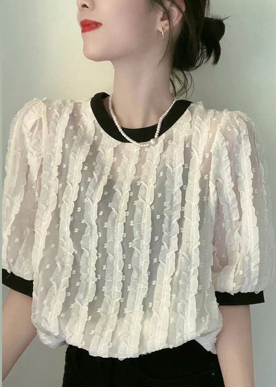 Apricot O-neck Ruffled Patchwork Chiffon Shirt Summer