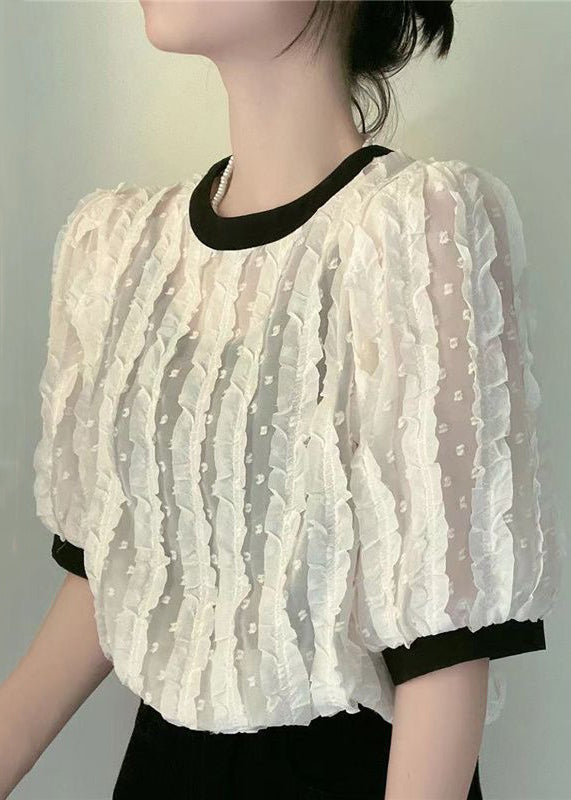 Apricot O-neck Ruffled Patchwork Chiffon Shirt Summer