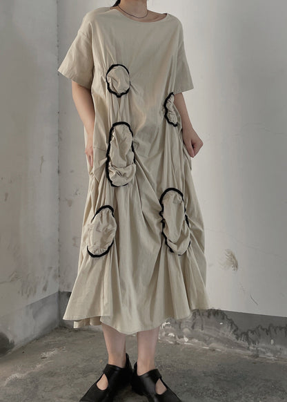 Apricot O Neck Wrinkled Patchwork Cotton Long Dresses Summer