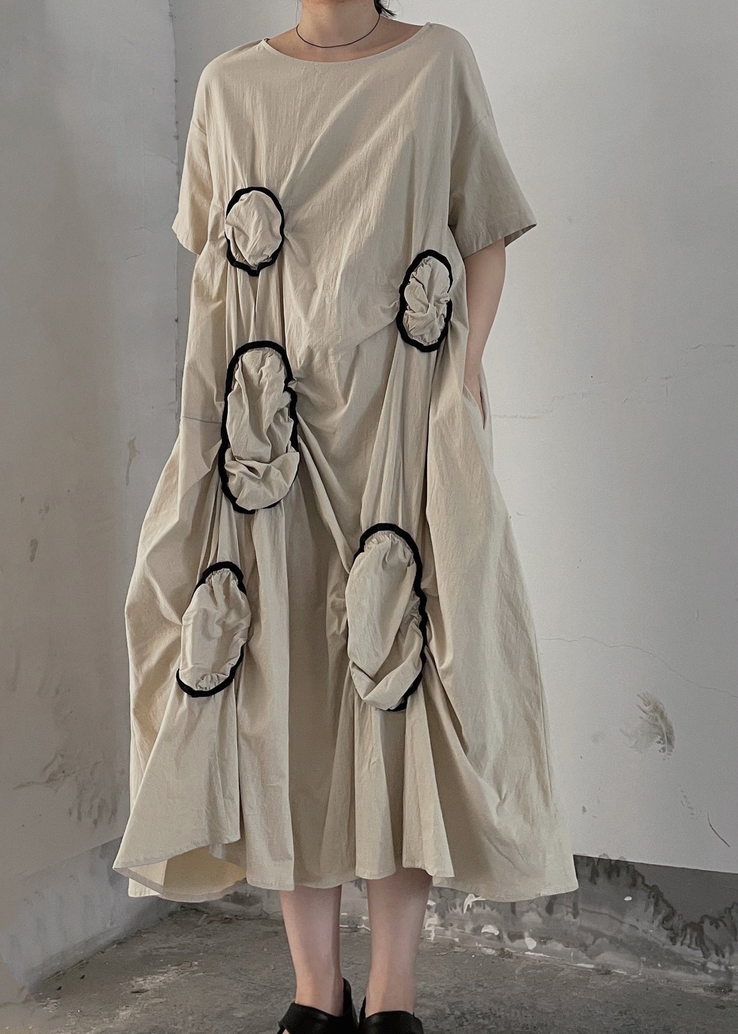 Apricot O Neck Wrinkled Patchwork Cotton Long Dresses Summer