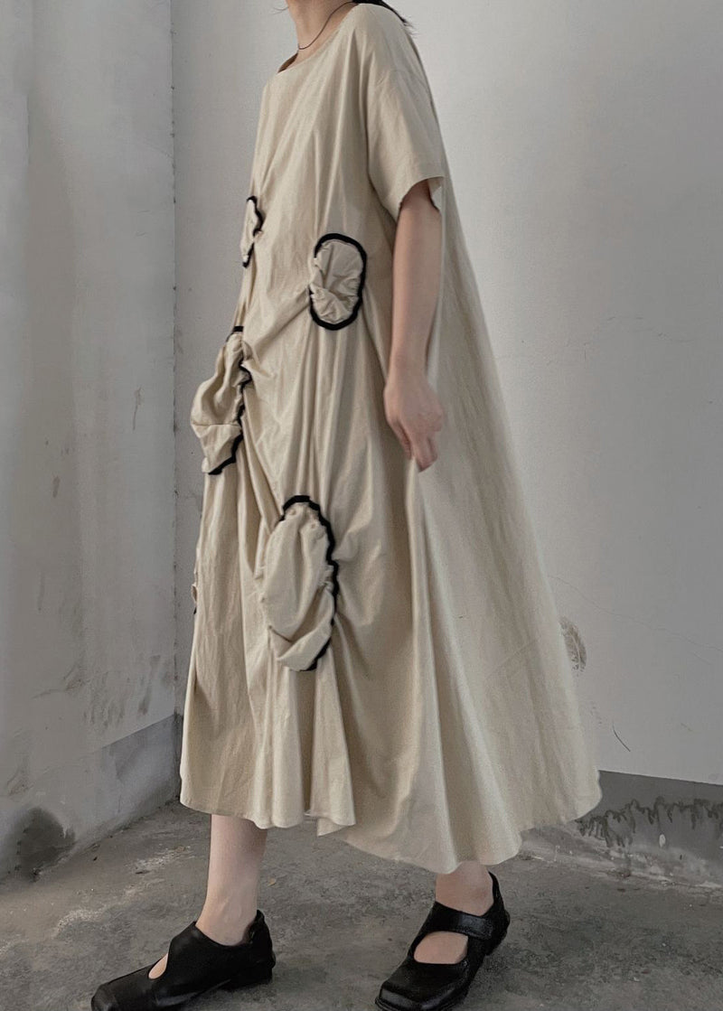 Apricot O Neck Wrinkled Patchwork Cotton Long Dresses Summer