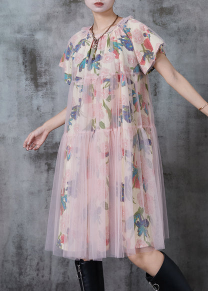 Apricot Print Tulle Work Dress Summer