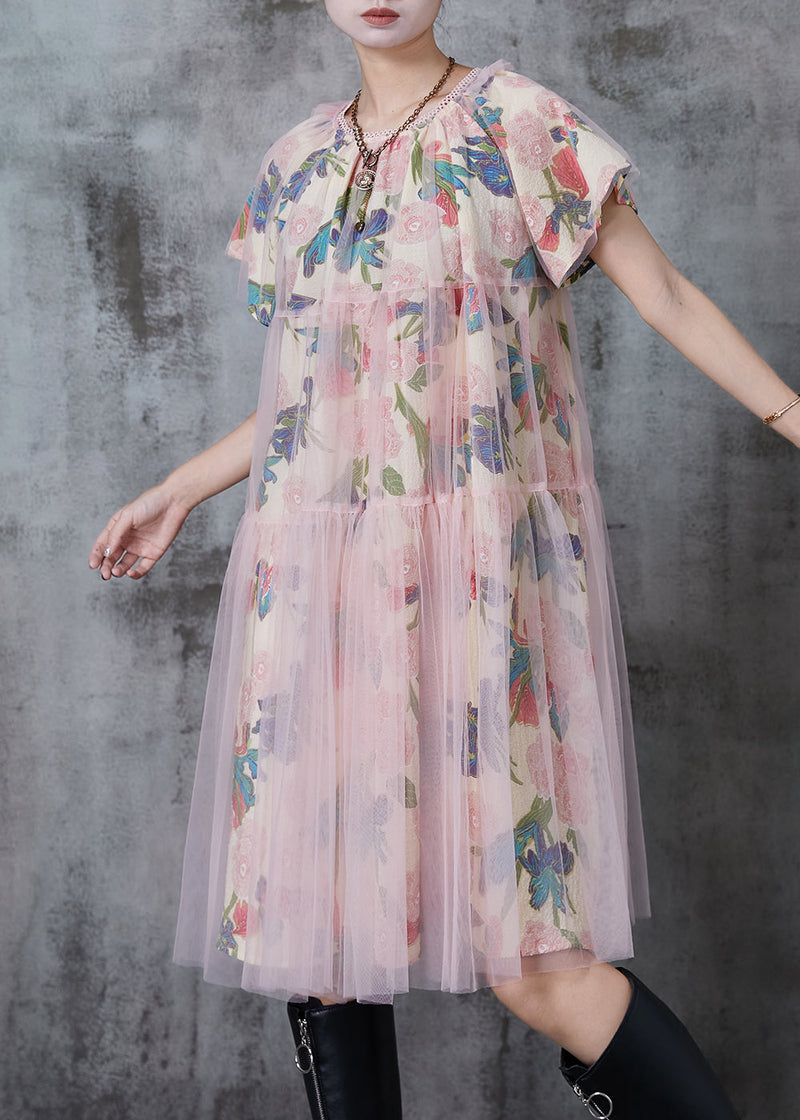 Apricot Print Tulle Work Dress Summer