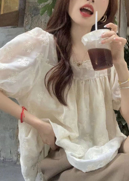 Apricot Square Collar Embroidered Cotton T Shirt Summer