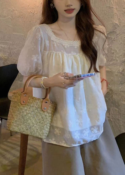 Apricot Square Collar Embroidered Cotton T Shirt Summer