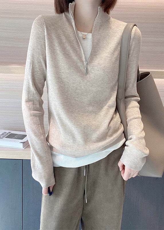 Apricot Stand Collar Zip Up Patchwork Knit Top Fall