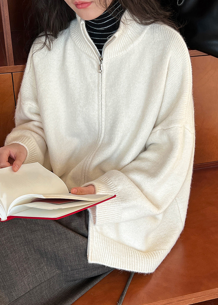 Apricot Stand Collar Zippered Cotton Knit Cardigans Fall