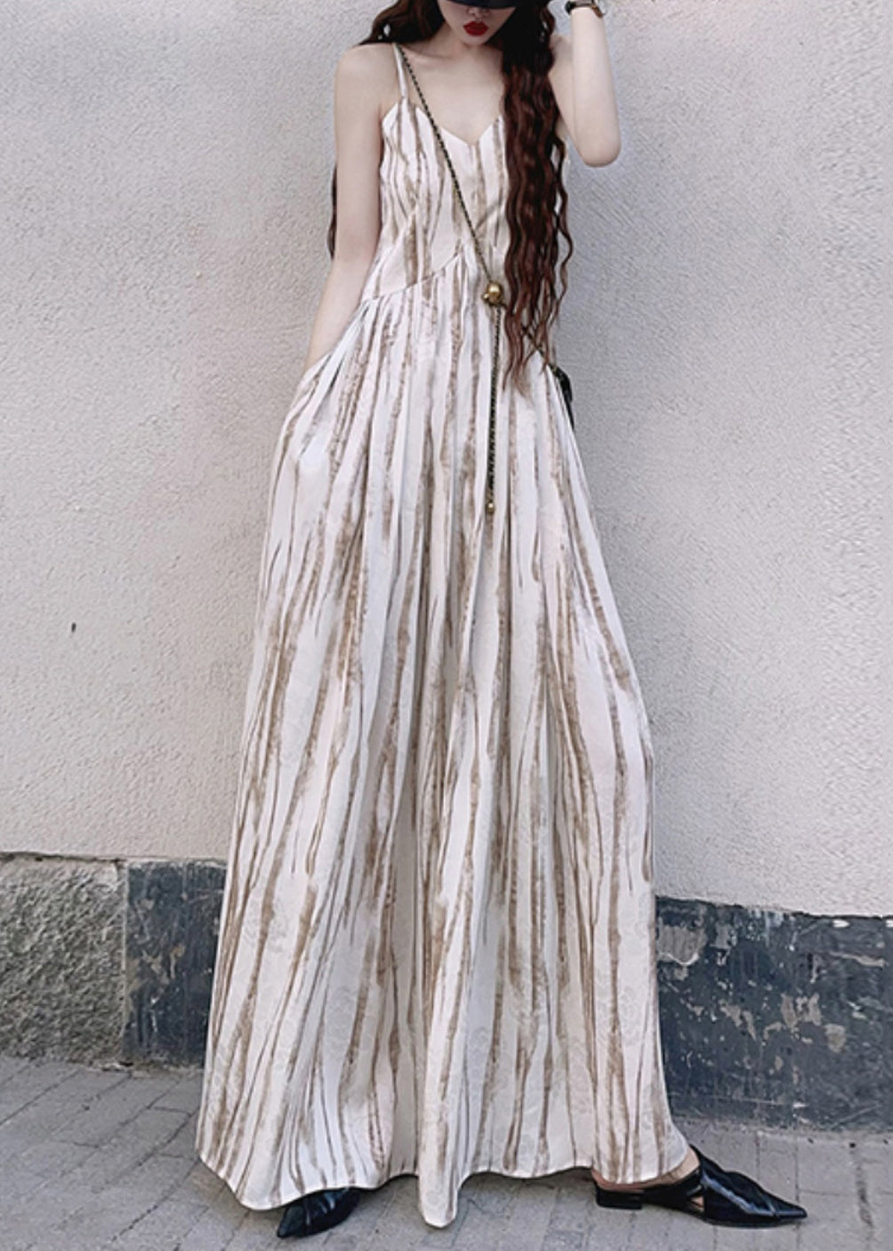 Apricot Striped Exra Large Hem Cotton Vacation Dresses Summer