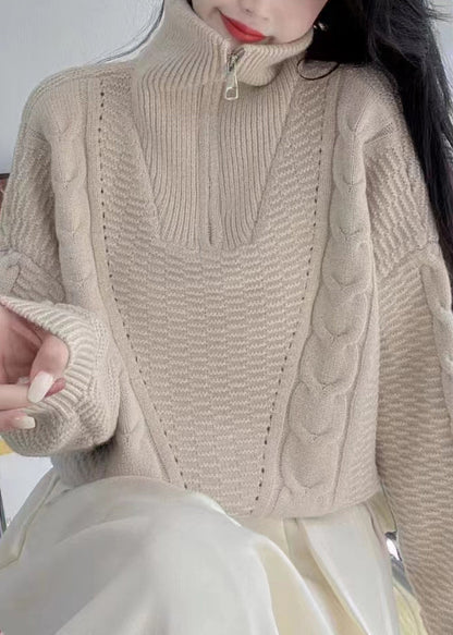 Apricot Turtleneck Zip Up Cotton Knit Sweaters Long Sleeve