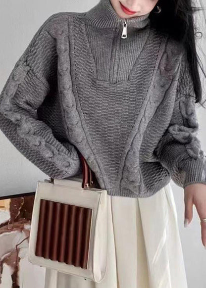 Apricot Turtleneck Zip Up Cotton Knit Sweaters Long Sleeve