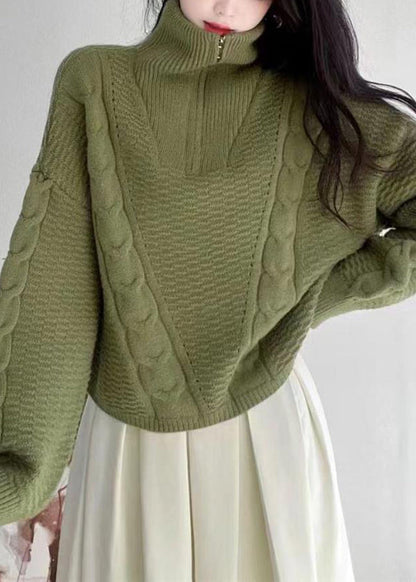 Apricot Turtleneck Zip Up Cotton Knit Sweaters Long Sleeve
