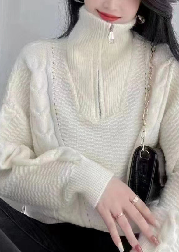 Apricot Turtleneck Zip Up Cotton Knit Sweaters Long Sleeve