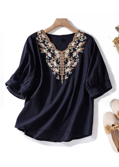 Apricot V Neck Embroidered Linen T Shirt Summer