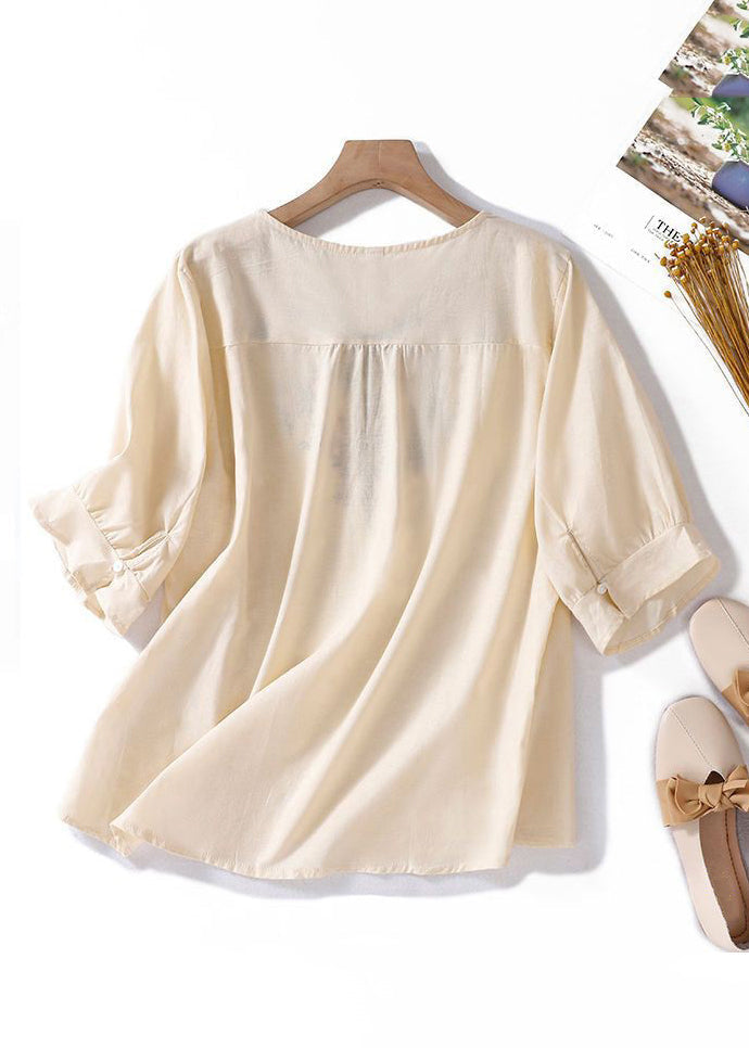 Apricot V Neck Embroidered Linen T Shirt Summer