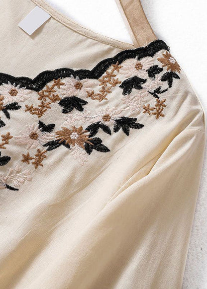 Apricot V Neck Embroidered Linen T Shirt Summer