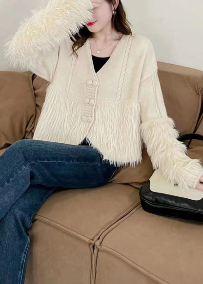 Apricot V Neck Patchwork Mink Hair Knitted Cardigan Fall