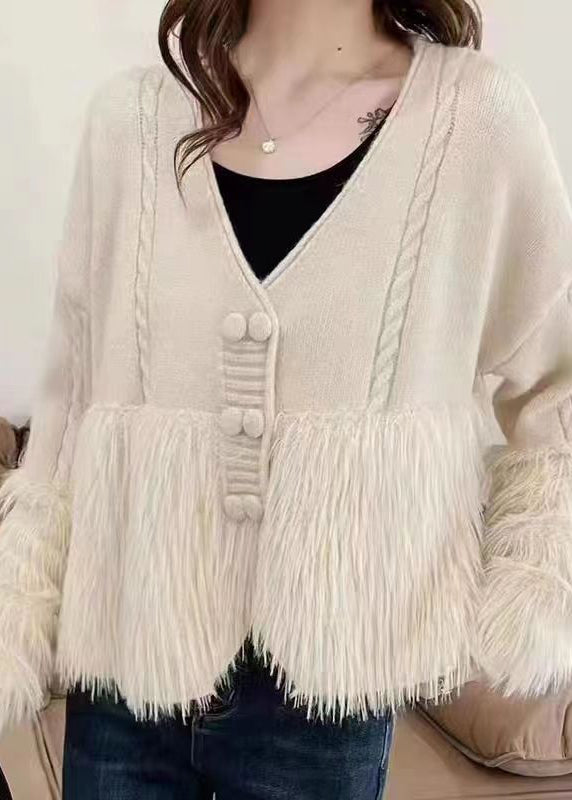 Apricot V Neck Patchwork Mink Hair Knitted Cardigan Fall
