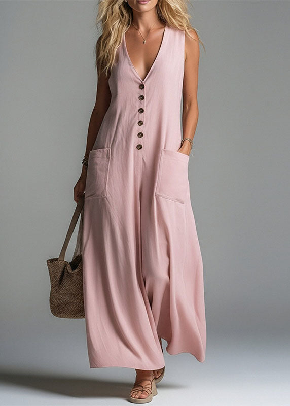 Apricot V Neck Pockets Cotton Jumpsuits Summer