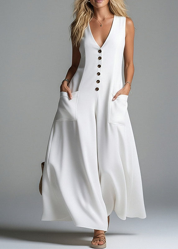 Apricot V Neck Pockets Cotton Jumpsuits Summer
