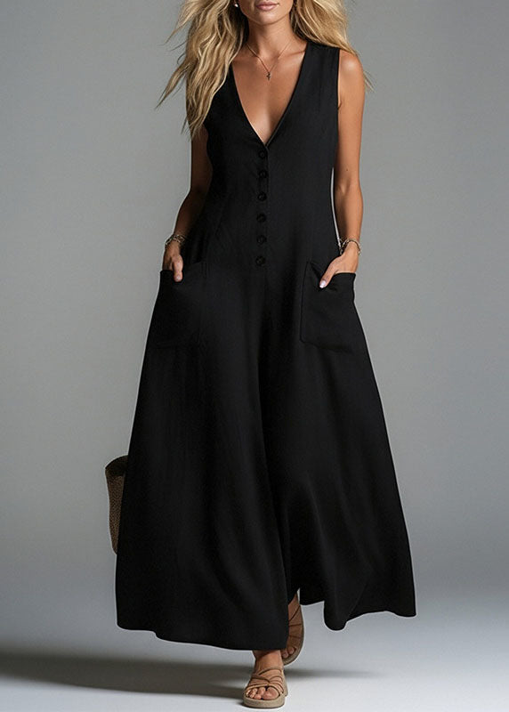 Apricot V Neck Pockets Cotton Jumpsuits Summer
