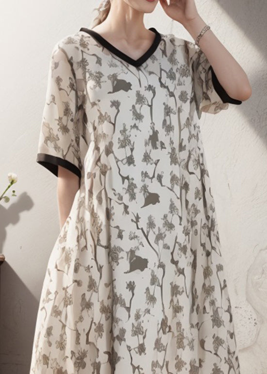 Apricot V Neck Print Patchwork Silk Dress Summer