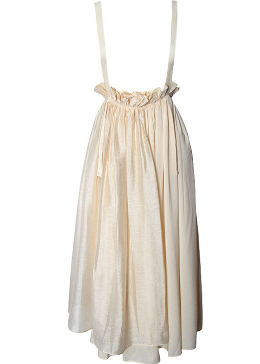 Apricot White Patchwork Pleated Cotton Spaghetti Strap Dress
